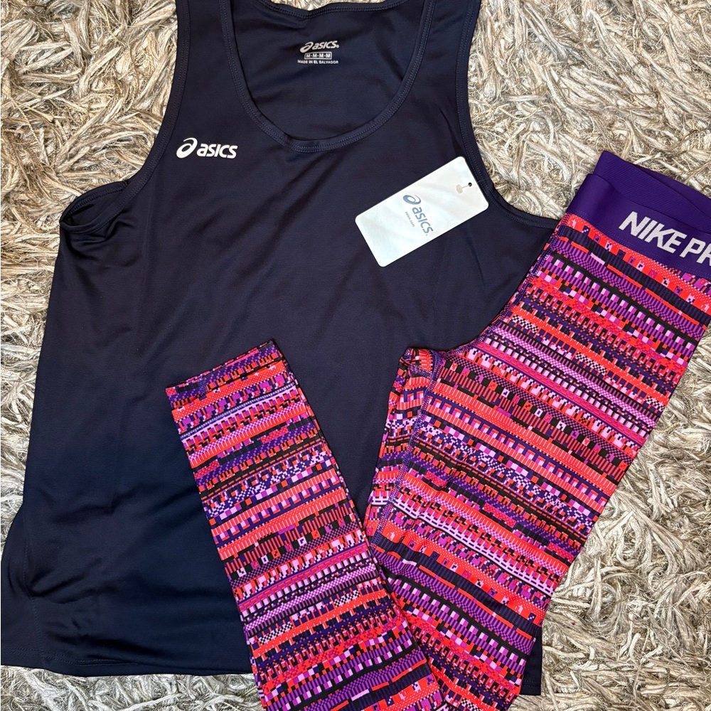 Asics Navy Singlet & Nike Pro Patterned Full length Leggings